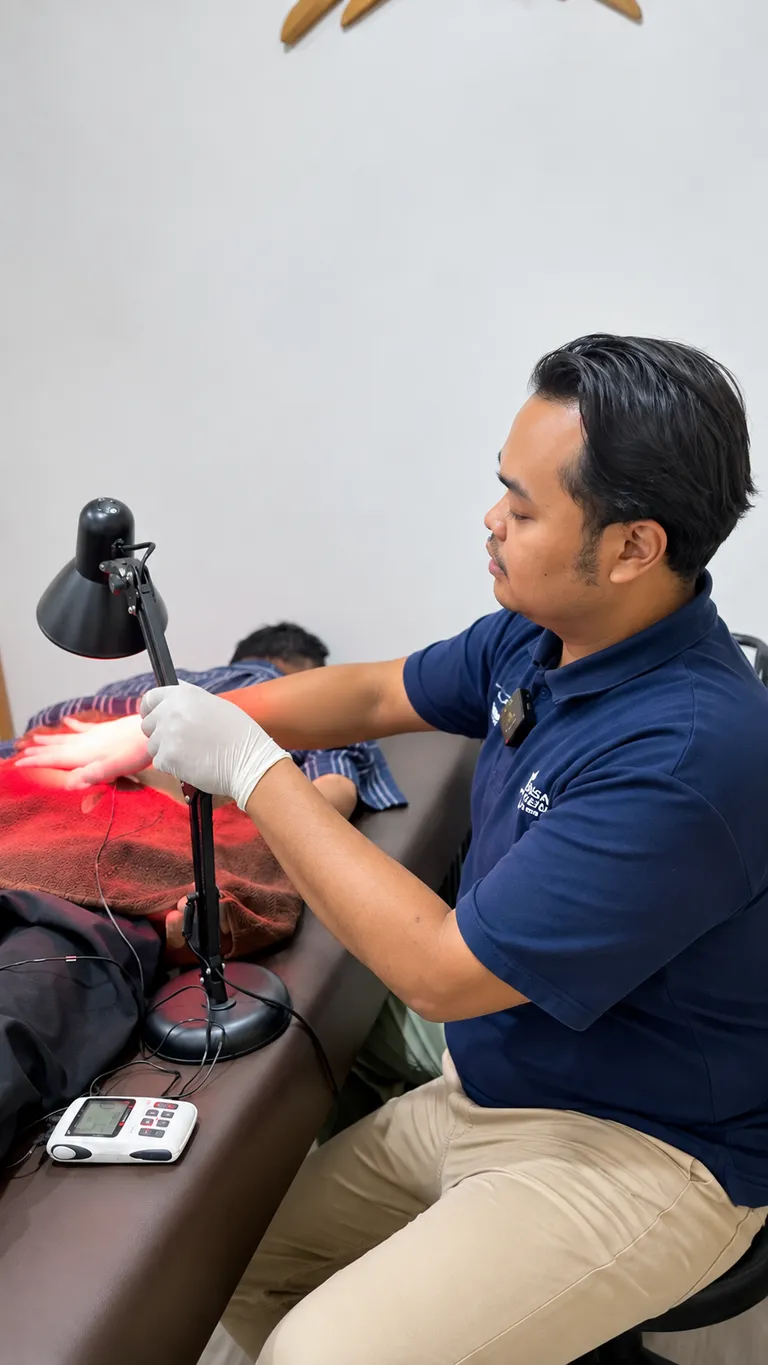 Fisioterapis memberikan terapi infrared dan TENS